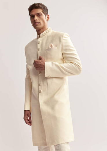 Cream Silk Sherwani For Men With Hand Embroidery