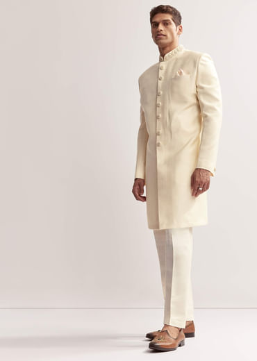 Cream Silk Sherwani For Men With Hand Embroidery