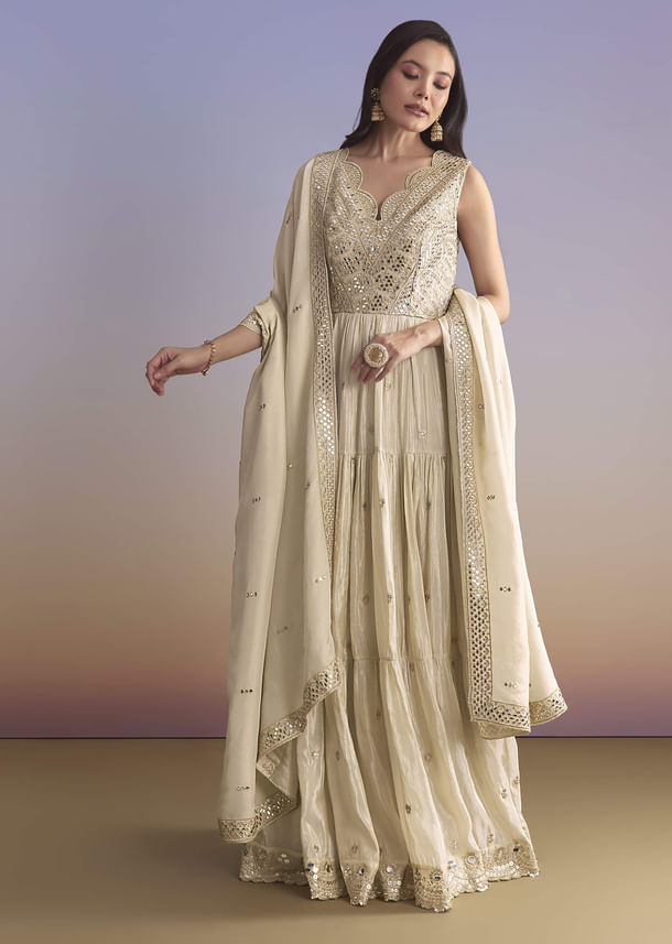 Cream Tissue Anarkali Suit With Zari Work