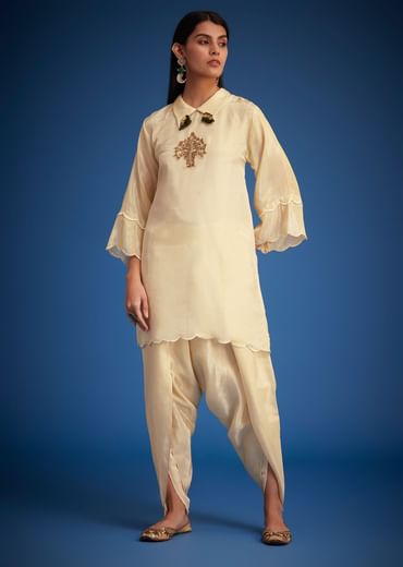 Cream Tissue Embroidered Dhoti Set