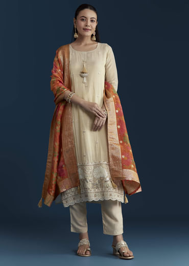 Cream Tissue Kurta Set with Bead Work