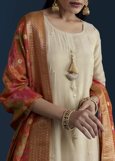 Cream Tissue Kurta Set with Bead Work