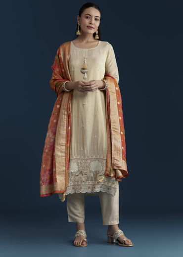 Cream Tissue Kurta Set with Bead Work