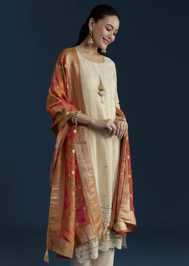 Cream Tissue Kurta Set with Bead Work
