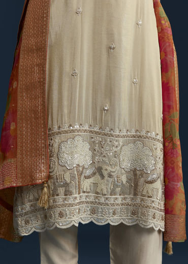 Cream Tissue Kurta Set with Bead Work
