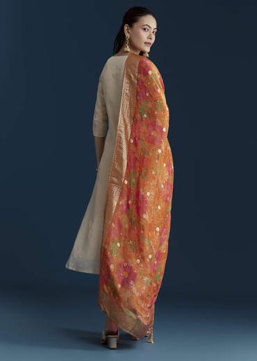 Cream Tissue Kurta Set with Bead Work