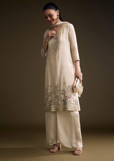 Cream Tissue Palazzo Suit With Heavy Hand Embroidery