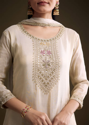 Cream Tissue Palazzo Suit With Heavy Hand Embroidery