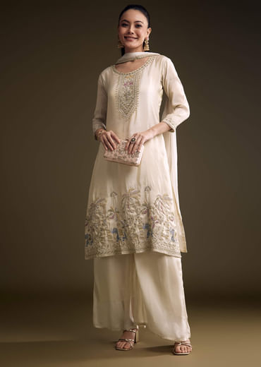Cream Tissue Palazzo Suit With Heavy Hand Embroidery