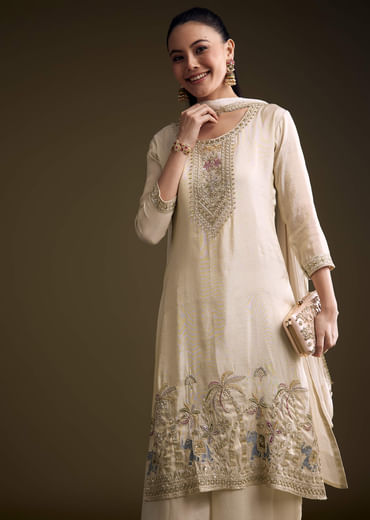 Cream Tissue Palazzo Suit With Heavy Hand Embroidery