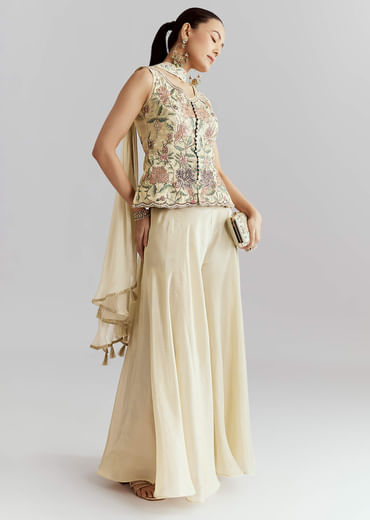 Cream Tissue Palazzo Suit With Resham And Sequins Work