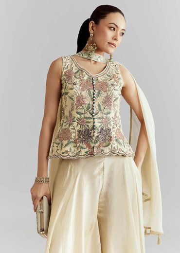 Cream Tissue Palazzo Suit With Resham And Sequins Work