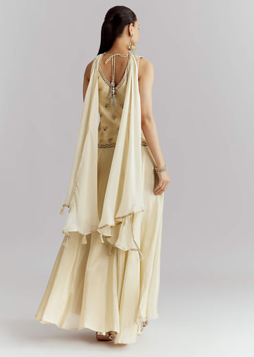 Cream Tissue Palazzo Suit With Resham And Sequins Work
