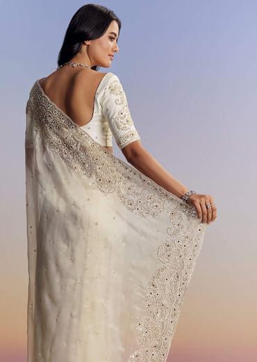 Cream Tissue Saree With Sequins Floral Embroidery