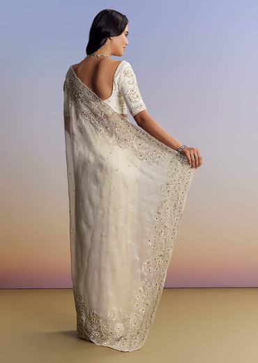 Cream Tissue Saree With Sequins Floral Embroidery