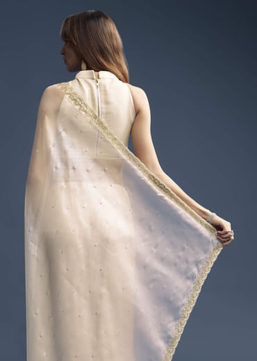 Cream Tissue Saree With Stone And Beaded Embroidery