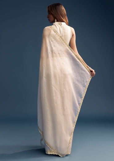 Cream Tissue Saree With Stone And Beaded Embroidery
