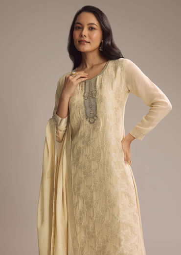 Cream White Banarasi Georgette Palazzo Suit