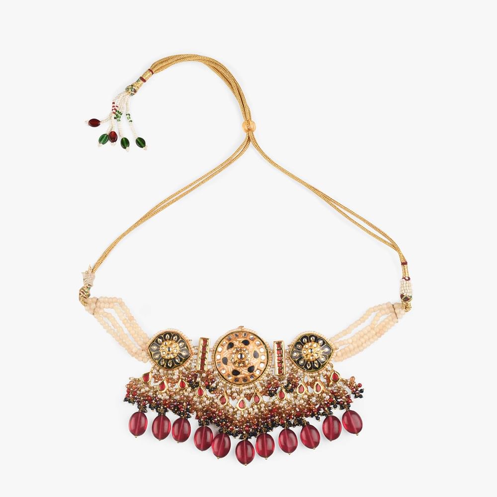 Cream And Black Minakari Necklace With Kundan And Rani Pink Bead Fringes