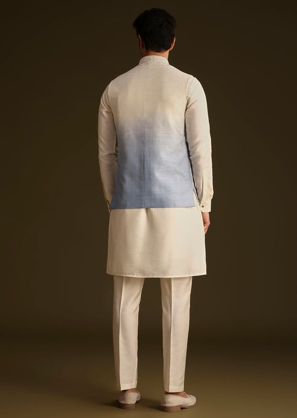 Cream And Blue Silk Jacket Set