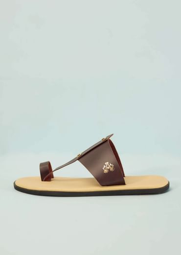 Cream White And Mocha Brown Strappy Slides For Men In Leather With Buttons
