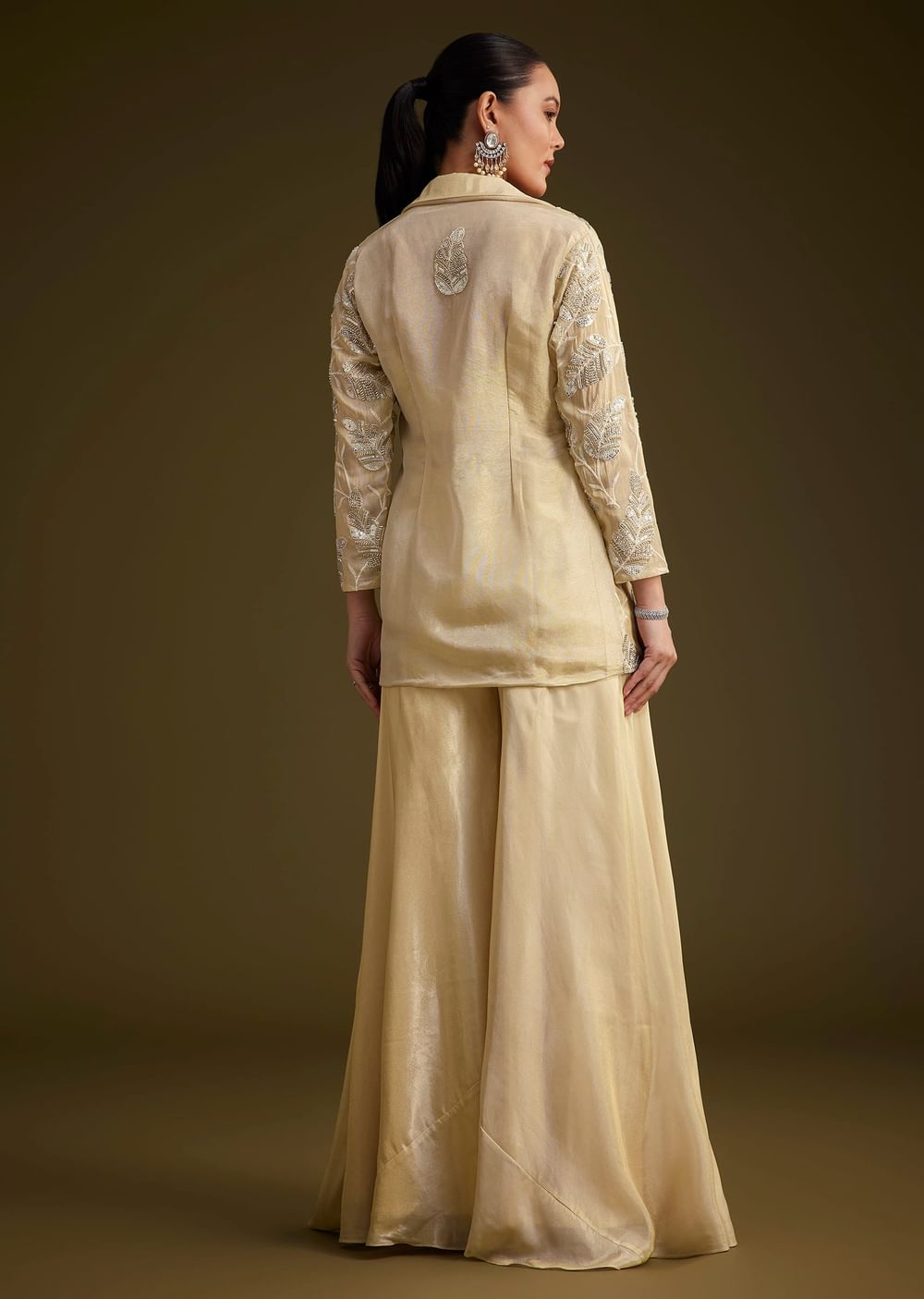 Cream Embroidered Croptop Palazzo And Jacket Set
