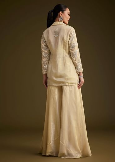 Cream Embroidered Croptop Palazzo And Jacket Set