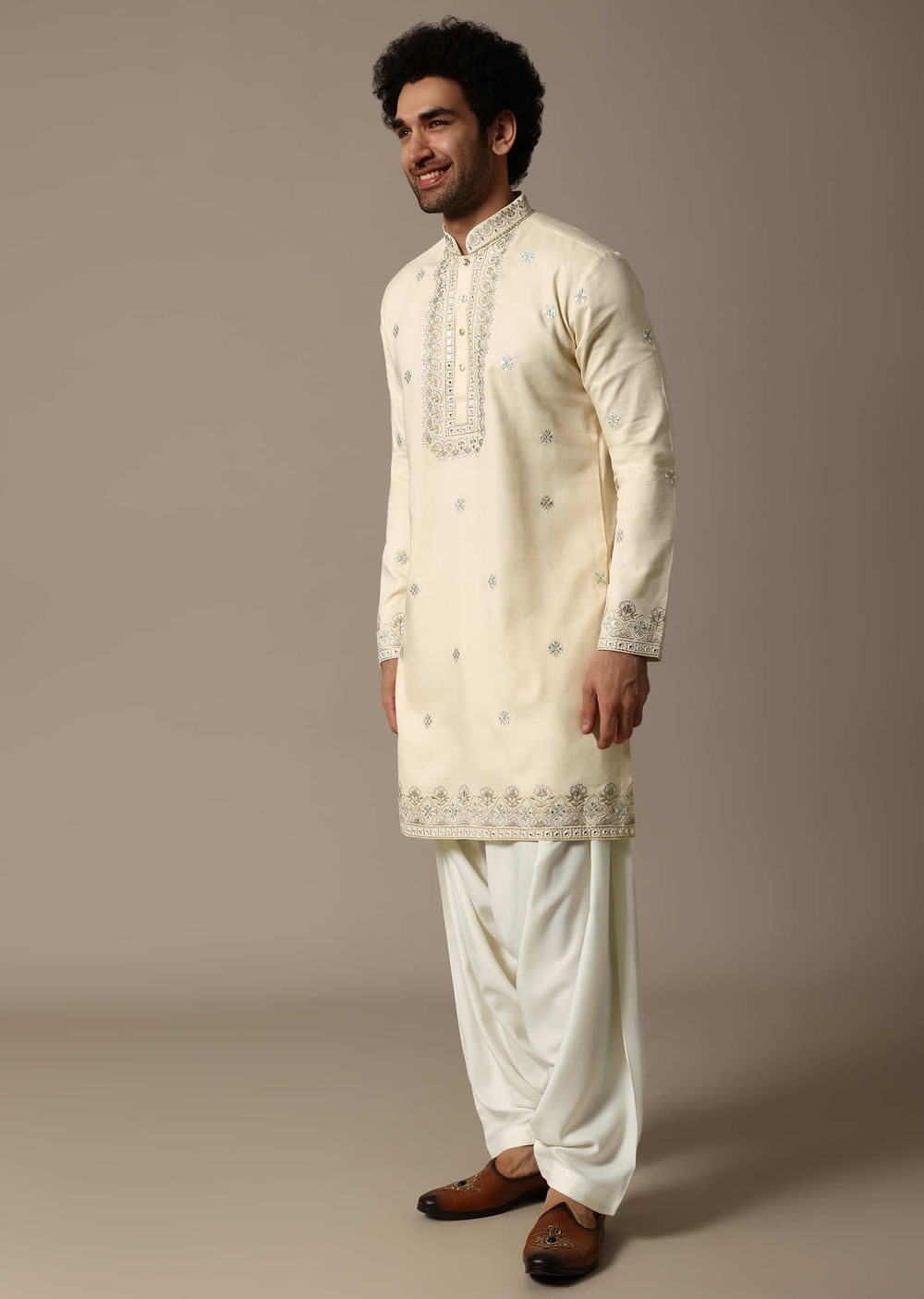 Cream Embroidered Linen Kurta Salwar For Men