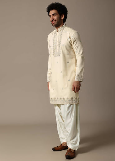 Cream Embroidered Linen Kurta Salwar For Men