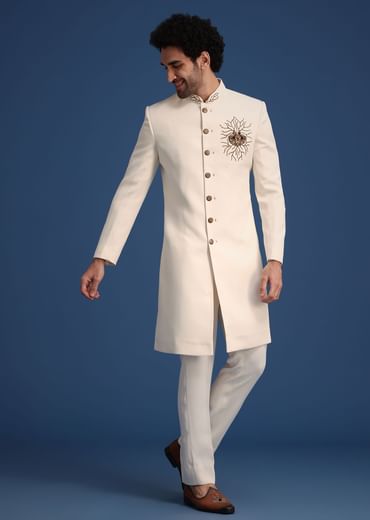 Cream Indowestern Suit With Zari And Metal Work Broach
