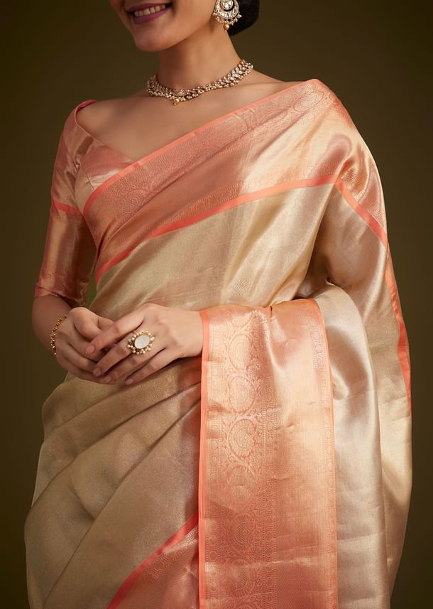 Cream Kanjivaram Silk Saree With Contrast Border And Pallu