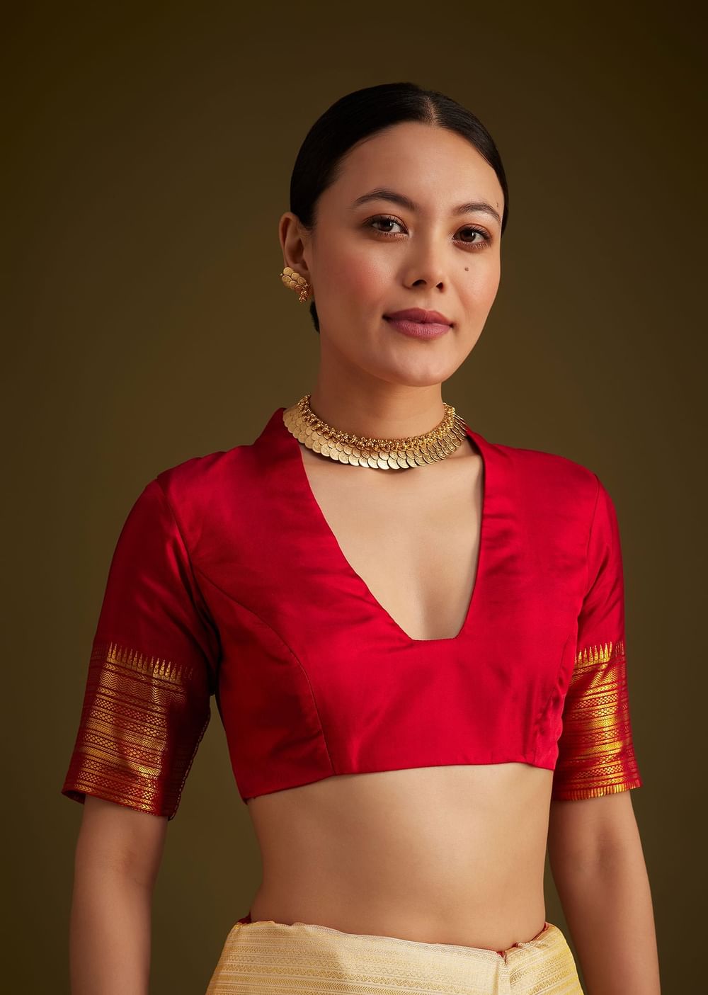 Beige Kanjivaram Silk Saree With Contrast Border