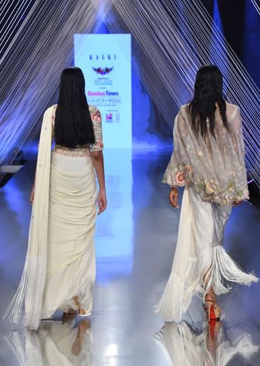 Cream Ready Pleated Saree With Multi Colored Floral Hand Work On The Blouse