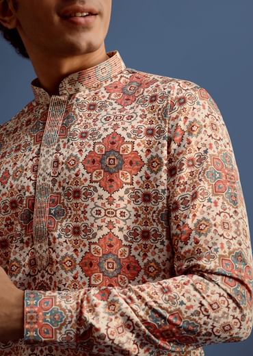 Cream Printed Kurta With Patiala For Men