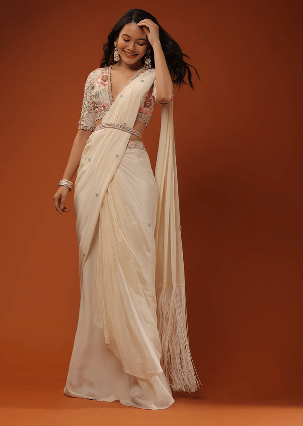 Cream White Ready Pleated Saree With Floral Hand Work On The Blouse