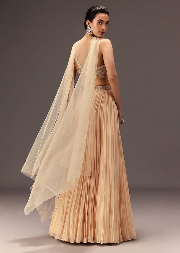 Cream Ruched Lehenga Set With Hand Embroidery