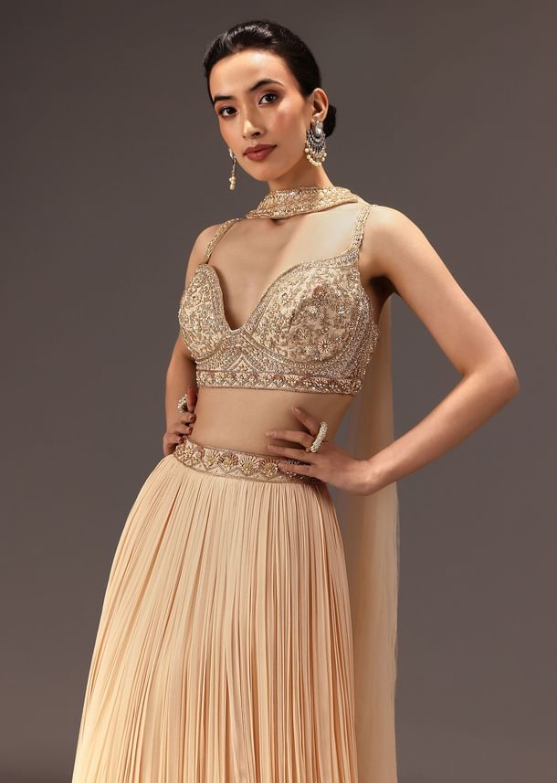 Cream Ruched Lehenga Set With Hand Embroidery