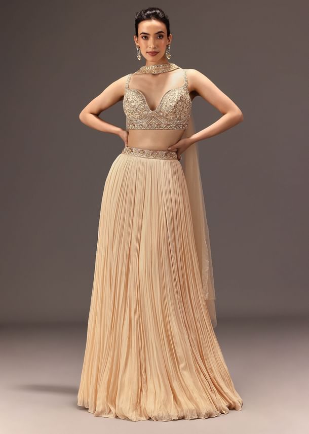 Cream Ruched Lehenga Set With Hand Embroidery