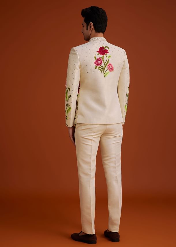 Cream Silk Jodhpuri Set With Floral Embroidery And Sequin Butti Work