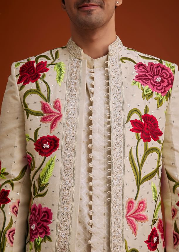 Cream Silk Jodhpuri Set With Floral Embroidery And Sequin Butti Work
