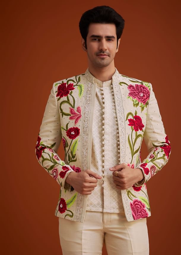Cream Silk Jodhpuri Set With Floral Embroidery And Sequin Butti Work