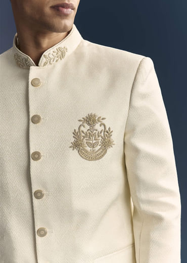 Cream Silk Jodhpuri Suit For Men With Heavy Hand Embroidery