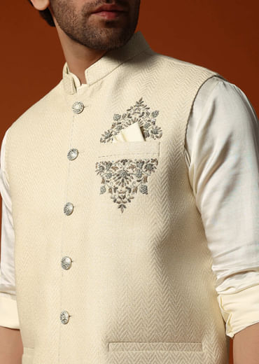 Cream Silk Kurta Jacket Set For men