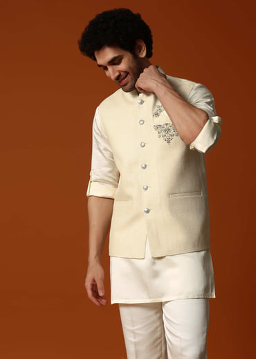 Cream Silk Kurta Jacket Set For men