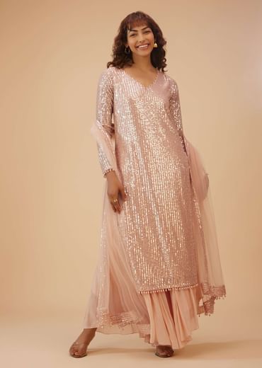 Salmon Pink Palazzo Suit In Sequins
