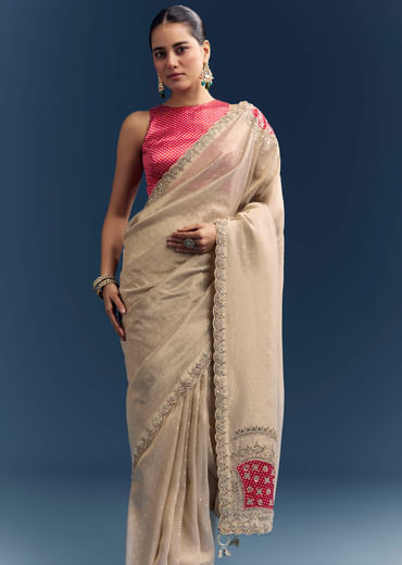 Cream Tissue Organza Saree With Intricate Hand Embroidery