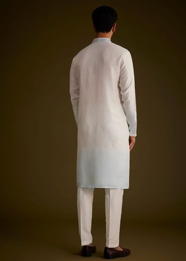 Cream To Blue Ombre Silk Kurta Set With Mirror Embroidery