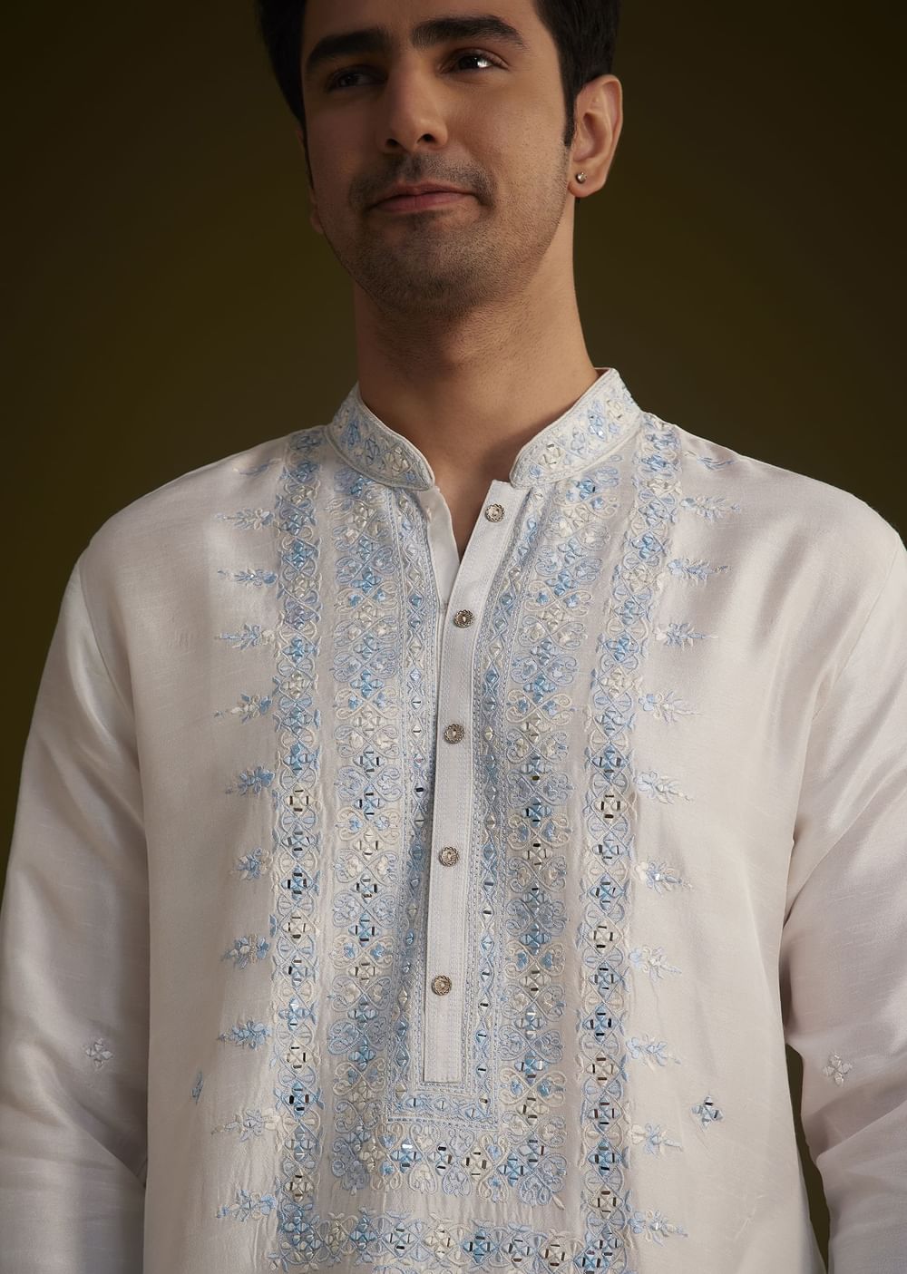 Cream To Blue Ombre Silk Kurta Set With Mirror Embroidery