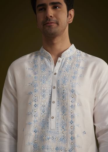 Cream To Blue Ombre Silk Kurta Set With Mirror Embroidery