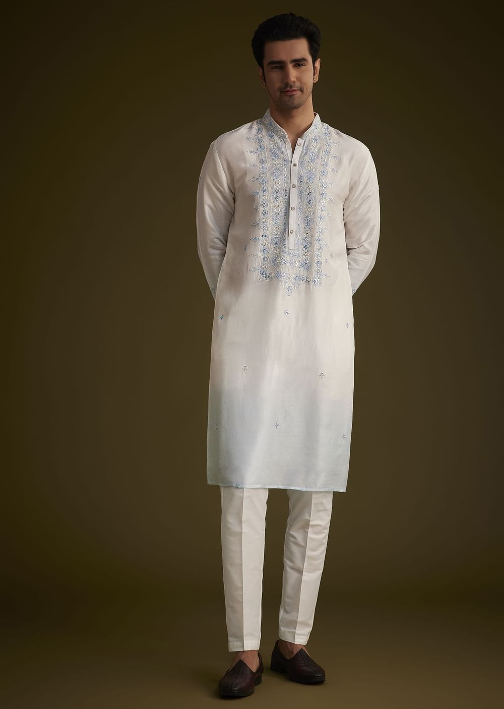 Cream To Blue Ombre Silk Kurta Set With Mirror Embroidery